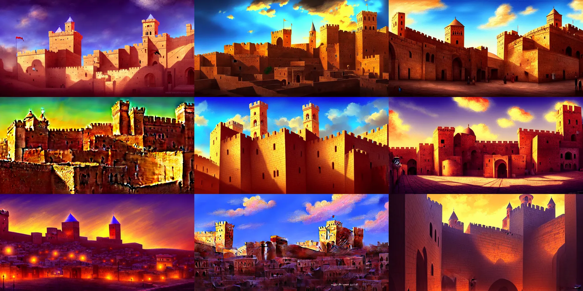 Prompt: mardin old town castle, digital oil painting, colorful, high contrast, clear sky, volumetric lighting, atmospheric, ghibli, deviantart, cgsociety, artstation, fujifilm