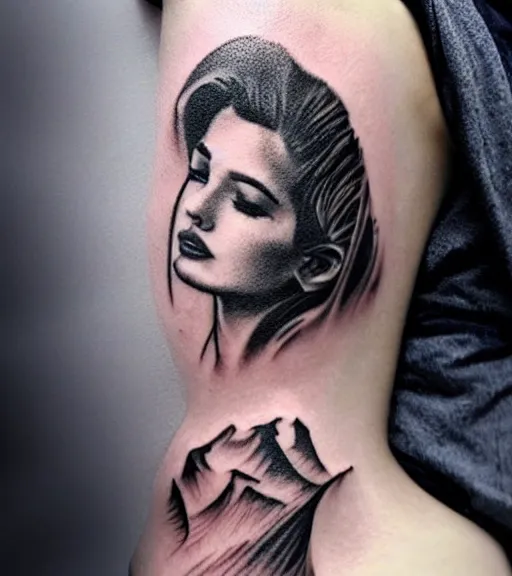 Image similar to tattoo design sketch of an extremely beautiful woman face with a faded background of beautiful mountains on her side, hyper - realistic, double exposure effect, in the style of matteo pasqualin, amazing detail, black and white, faded