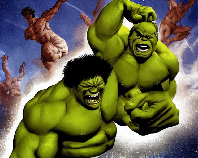 Prompt: Hulk fighting with Pushkin, digital art high quality