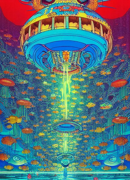 Prompt: 7 0 s vintage anime illustration by studio ghibli and by james jean, underwater lair filled with glowing essence by jeffery smith by mati klarwein, underwater atlantean mansion temple is hyper detailed, bright bold colors, a surreal magical aura surrounds this temple