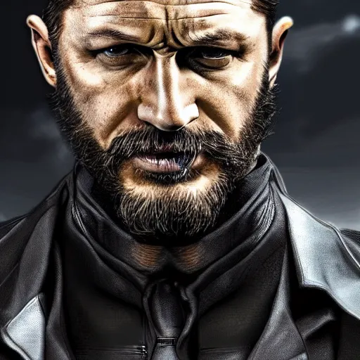 Image similar to Tom Hardy as wolverine in Black Damaged leather suit Digital art 4K quality