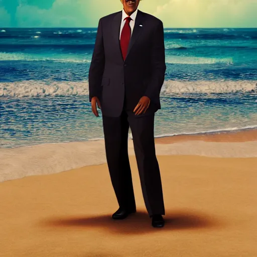 Prompt: Barak Obama on the beach, artistic, 8k, dramatic lighting, octane render, beeple