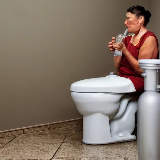 Prompt: photo of a woman drinking water from a toilet