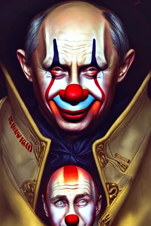 Image similar to vladimir putin as a stupid clown, realistic portrait, symmetrical, highly detailed, digital painting, artstation, concept art, smooth, sharp focus, illustration, cinematic lighting, art by artgerm and greg rutkowski and alphonse mucha