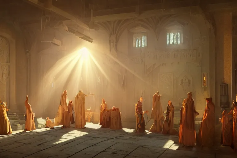 Prompt: cultist secret meeting taking place in an art deco townhall in a oriental medieval fantasy village. incredible voluminous indirect soft glow cinematic lighting, hyperdetailed features, movie still, intricate, octane render, unreal engine, crepuscular rays, god rays, by beeple and rhads and donato giancola
