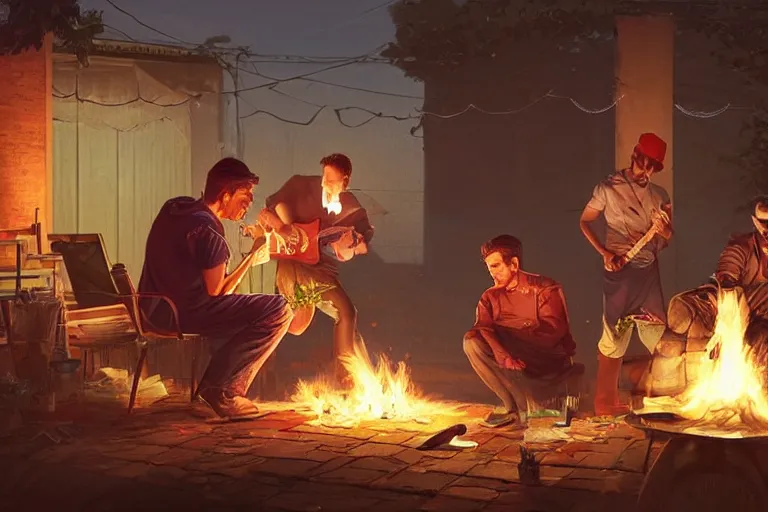 Prompt: three guys in night at the yard speaking while grilling kebabs and one guy playing guitar, evening, volumetric lighting, glowing lights, 4k, octane, digital painting, artstation, concept art, sharp focus, illustration, art by artgerm and greg rutkowski and alphonse mucha