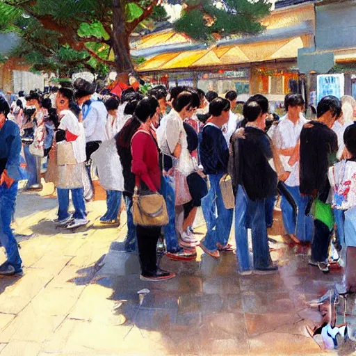 Prompt: crowd of japaneses in public phones, artwork by steve henderson