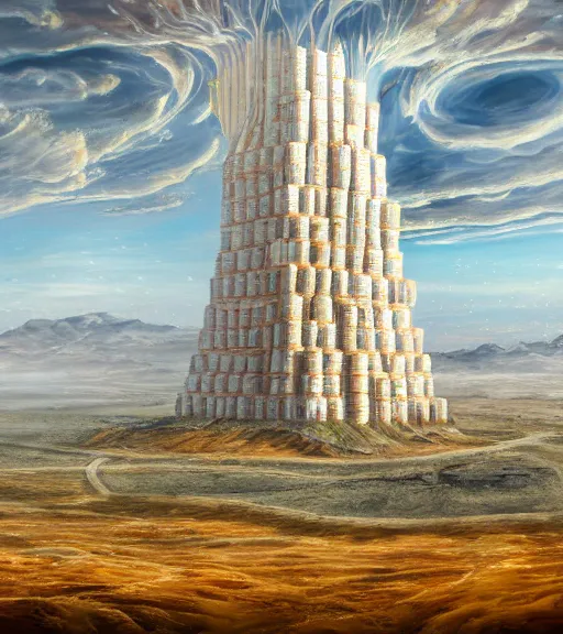 Image similar to real theory of a white stepped high tech architecture, ancient epic tower of babylon in the mining tailings in the desert, biroremediation plant, foggy, patchy cactus, oil painting, pale colors, high detail, 8 k, wide angle, trending on artstation, behance