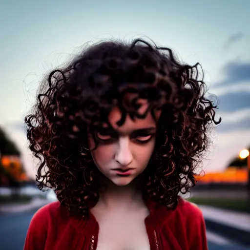 Image similar to a girl with curly blown hair standing in the streets at dusk, symmetrical face, focused, beautiful, vfx, photo realistic, 8 k, aesthetic, black clothes