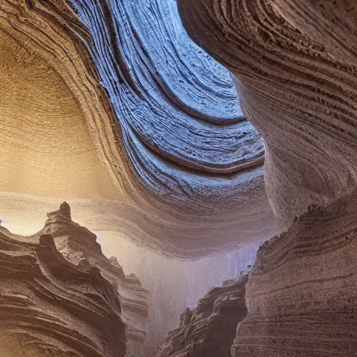 Image similar to detailed photo, the light is mine to travel,beyond time , cathedrals of carved stone in a canyon grotto, of life the beginning ,shiny layered geological strata,ground mist swirling vortexes,granular detail, by Sparth and Greg Rutkowski, hypermaximalist,micro details, 3d sculpture,f32,deep depth of field,cinematic lighting,digital rendering,photographic, wide angle,octane render , 4k, artstation, concept art ,