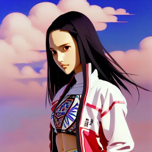 Image similar to a beautiful japanese natalie portman gravure model, wearing oversized native designer bomber jacket and leotard, bulky poofy bomber jacket with mesoamerican patterns, mesoamerican native street fashion, gapmoe yandere grimdark, trending on pixiv fanbox, painted by greg rutkowski makoto shinkai takashi takeuchi studio ghibli, akihiko yoshida