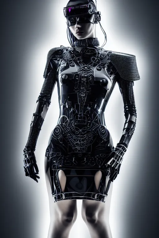 Image similar to beautifull cyberpunk woman model, wearing organic ceramic fractal armor, luxury materials, symmetrical, cinematic, elegant, professional studio light, real dlsr photography, sharp focus, 4 k, ultra hd, sense of awe, high fashion