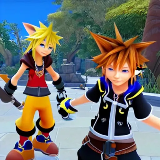 Image similar to A leaked image of a Warrior cats world in Kingdom Hearts 4, Kingdom hearts worlds, Sora donald and Goofy exploring the world of Warrior cats, action rpg Video game, Sora wielding a keyblade, Disney inspired, cartoony shaders, rtx on