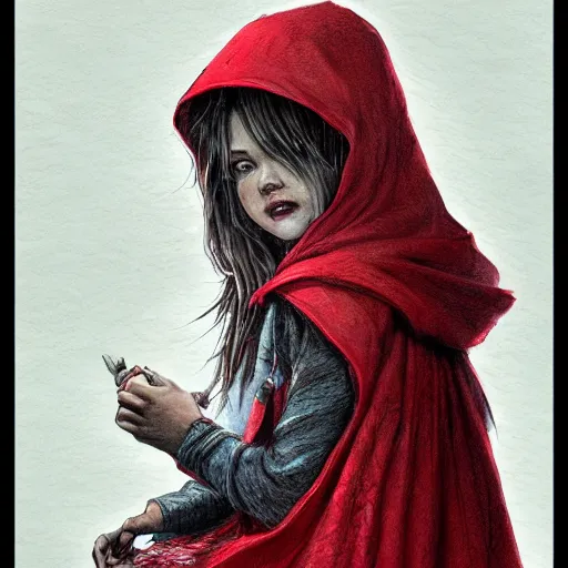 Image similar to cute Little red riding hood stands there crying, tear rolling down cheek, detailed intricate ink illustration, dark atmosphere, detailed illustration, hd, 4k, digital art, overdetailed art, concept art, by greg rutkowski, by loish, complementing colors, Trending on artstation, deviantart