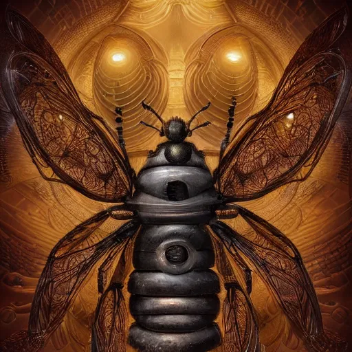 Image similar to A crisp 3d render of a robot Bee made of circuits wide view shot by ellen jewett , tomasz alen kopera and Justin Gerard symmetrical features, ominous, magical realism, texture, intricate, ornate, royally decorated, body format,windows, many doors, roofs, complete house , whirling smoke, embers, red adornements, red torn fabric, radiant colors, fantasy, trending on artstation, volumetric lighting, micro details, 3d sculpture, ray tracing, 8k