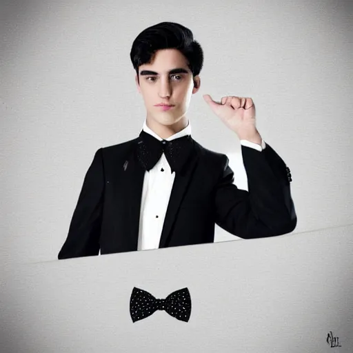 Image similar to 1 6 year old black suit white shirt, black bowtie, black haired royal garment man, determined, fearless, sharp looking portrait, digital art