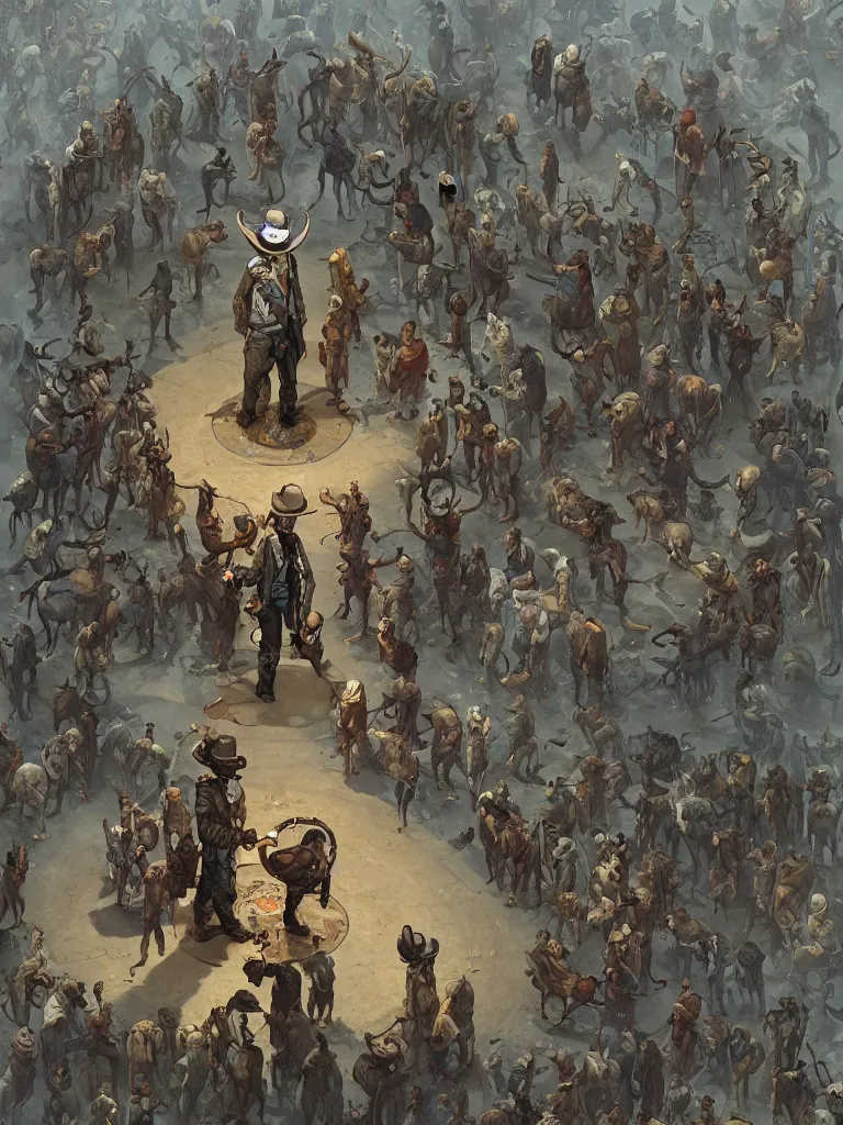 Prompt: a cowboy druid snake oil salesman standing in a circle at the bull run at the beginning of the world by peter mohrbacher and james jean