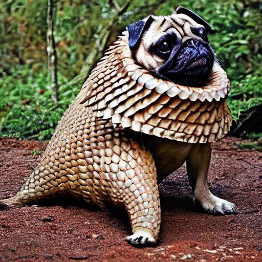 Image similar to a Pug with the armor of a pangolin, national geographic photograph