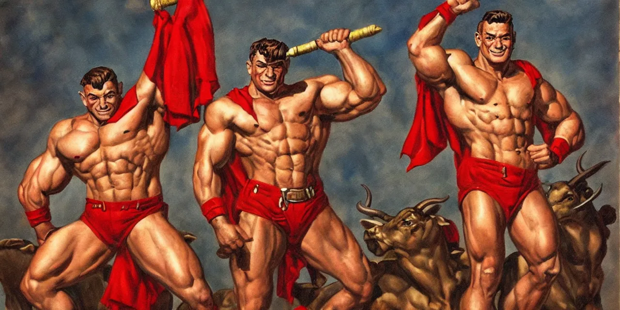 Image similar to minotaur in a fireman outfit, in the style of Frank Franzetta, beefcake