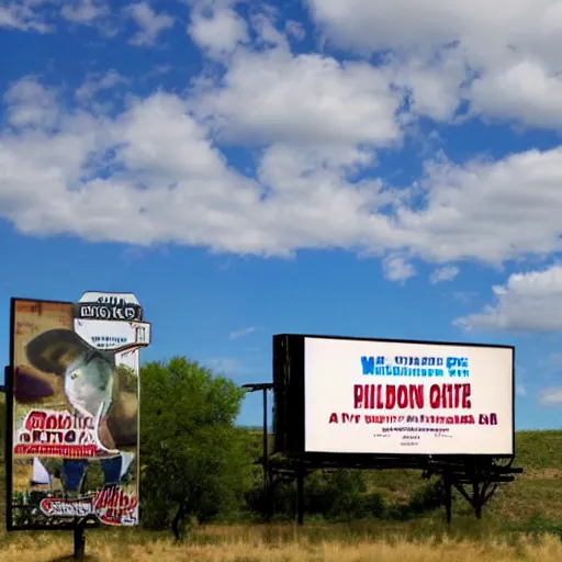 Prompt: a billboard in rural texas