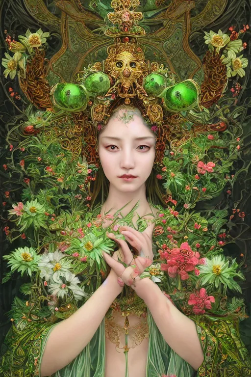 Prompt: breathtaking detailed concept art painting of the goddess of green bugs, orthodox saint, with anxious, piercing eyes, ornate background, amalgamation of leaves and flowers, by Hsiao-Ron Cheng, James jean, Miho Hirano, Hayao Miyazaki, extremely moody lighting, 8K