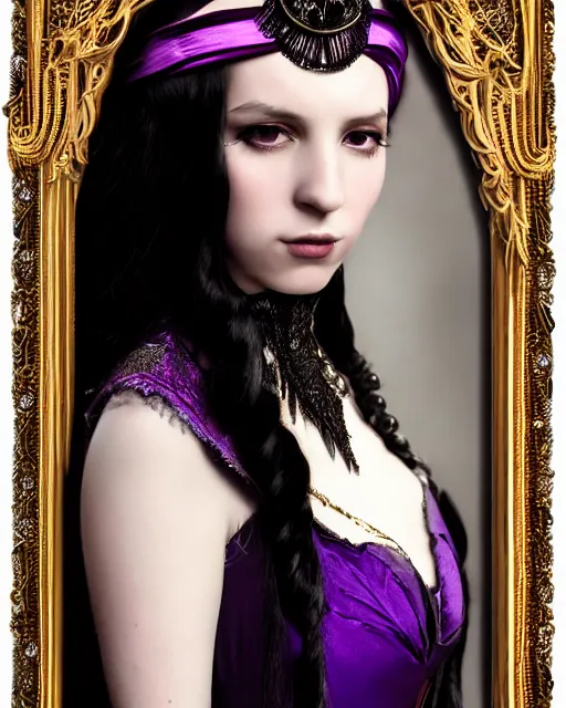 Prompt: a beautiful image of a young woman, Liliana vess the last hope, long flowing black hair, ornate headdress, Victorian purple and black costume, young female face, cinematic top lighting, insanely detailed and intricate, face by wlop, Charlie Bowater, golden ratio, symmetric, elegant, ornate, luxury, elite, matte painting, cinematic, trending on artstation, deviantart and cgsociety, 8k, high resolution