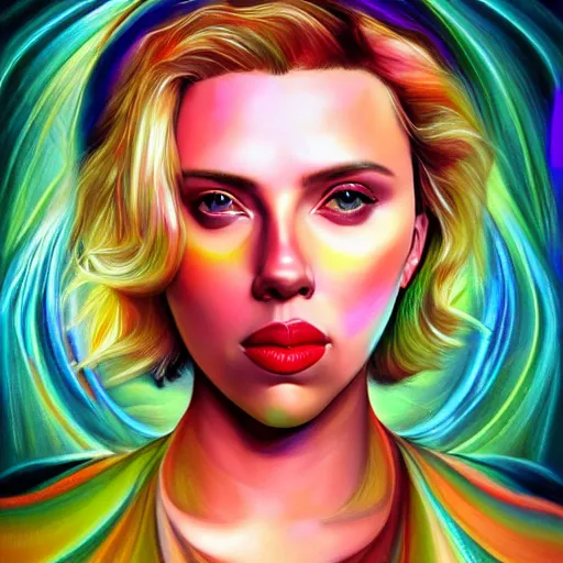 Image similar to An extremely psychedelic portrait of Scarlett Johansson, surreal, LSD, face, detailed, intricate, elegant, lithe, highly detailed, digital painting, artstation, concept art, smooth, sharp focus, illustration