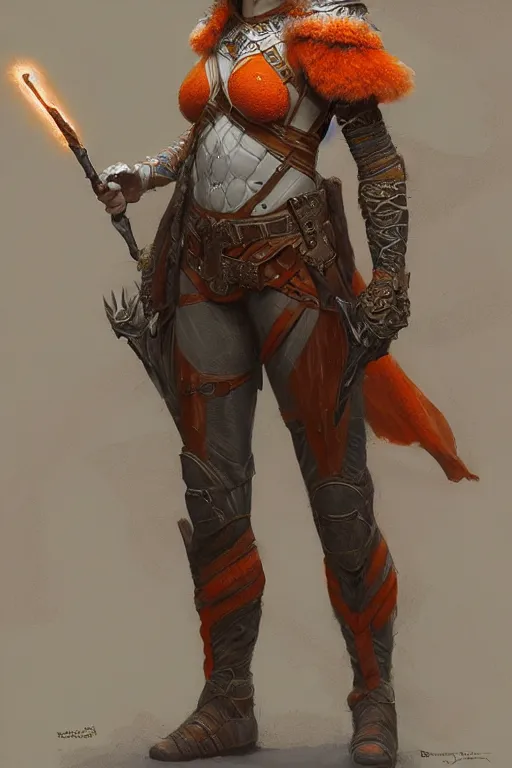 Image similar to full - body portrait of a ranger, female, white and orange breastplate, magical, high fantasy, d & d, by donato giancola, craig mullins, jeremy mann, face details, extremely detailed, digital illustration