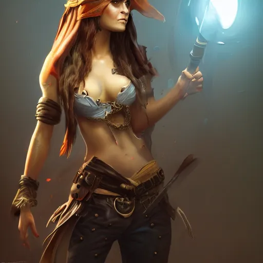 Image similar to full body concept art of a female pirate, airbrushed painting, stunning, featured on artstation, cinematic lighting, hyperdetailed, cgsociety, 8k, dramatic, dark atmosphere, alluring