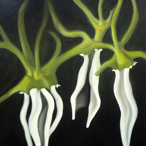 Image similar to oil painting of white brugmansia suaveolens flowers, dark background, with scary eyes looking out from the darkness