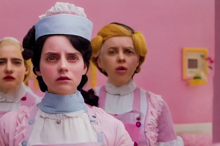 Image similar to mid-shot of as a maid in the new movie directed by Wes Anderson, symmetrical shot, idiosyncratic, relentlessly detailed, pastel, limited pastel colour palette, detailed face, movie still frame, promotional image, imax 70 mm footage, Javi Aznarez