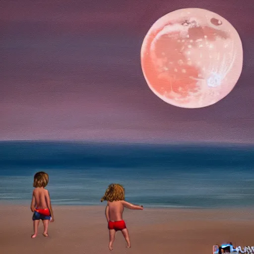 Image similar to painting of a moonrise over the atlantic ocean, kids surfing, boat in the distance, hazy islands can be seen in the distance, pink moon, faded orange sky, clouds, big waves, art by devin elle kurtz and james gurney, hd, high quality, 8 k, digital art, trending on artstation