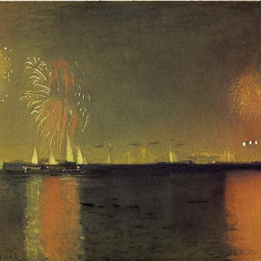 Prompt: fireworks over river by james macneill whistler