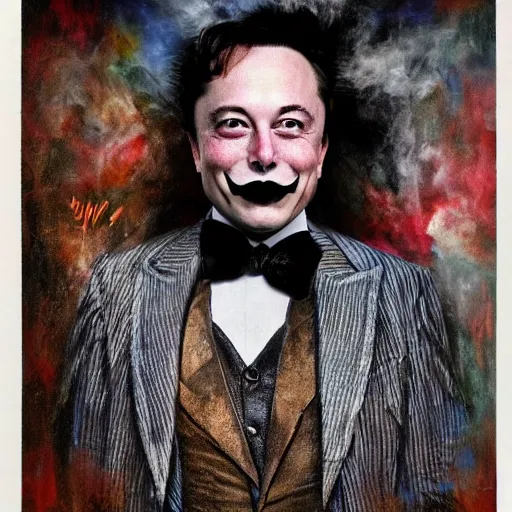 Image similar to elon musk as the grim-hatter with evil mustache grinning, cinematic, dark oil paint, realistic flavor, decaying rich colors!, photograph by tesla