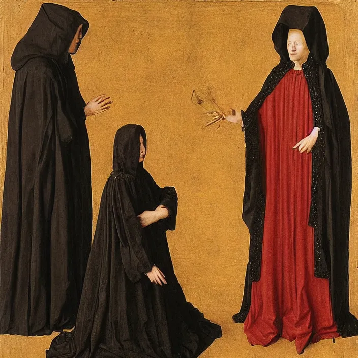 Prompt: a woman wearing a hooded cloak made of fire, standing next to a person wearing a black veil, by Jan van Eyck