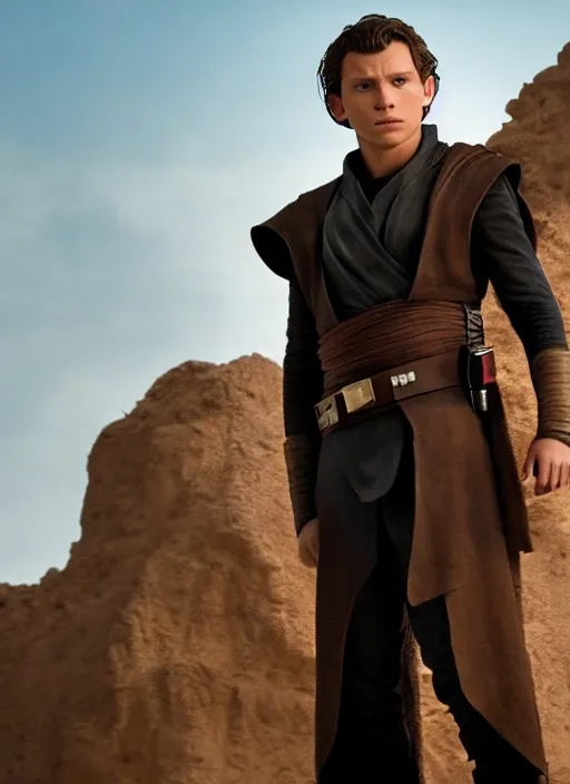 Prompt: tom holland plays anakin skywalker in the live action remake of star wars revenge of the sith, 3 5 mm photography, highly detailed, cinematic lighting, standing pose, 4 k