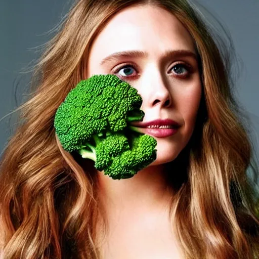 Image similar to elizabeth olsen has [ [ broccoli for a face ] ]!!, [ [ broccoli as skin ] ]!!, trending on cgsociety, 4 k quality, intricate