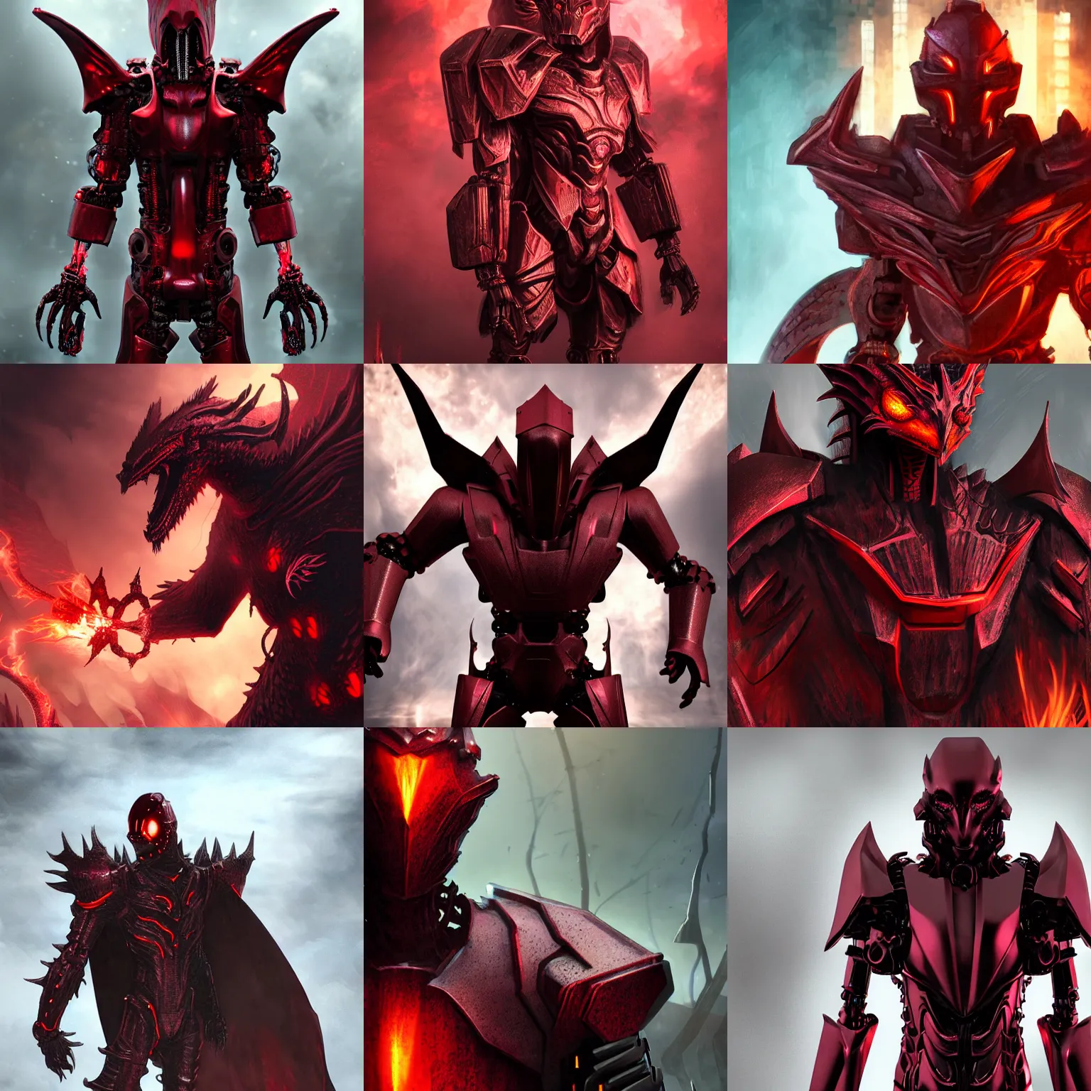 Prompt: ominous cybernetic humanoid figure with dark red matte metallic thick block armor plates as skin, dragon head, epic fantasy artwork, evil, gritty, matte, burning scene in the background
