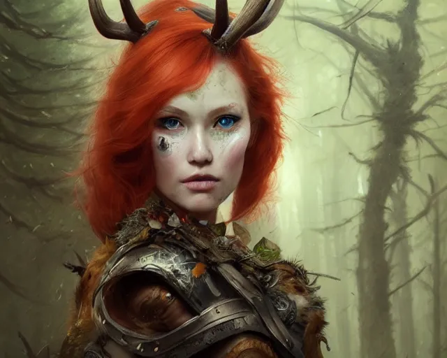 Prompt: 5 5 mm portrait photo of an armored gorgeous aesthetic redhead woman warrior with a face tattoo and antlers growing from her head and cat on her shoulder, in a magical forest. art by greg rutkowski. highly detailed 8 k. intricate. lifelike. soft light. nikon d 8 5 0.