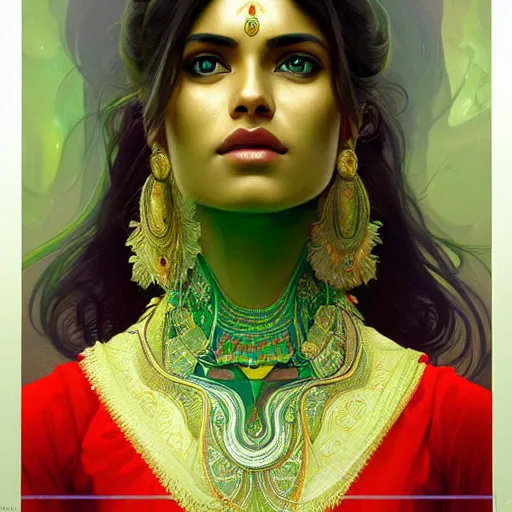 Image similar to Portrait of very very very very very very beautiful Indian woman, spacesuit, green eyes, intricate, elegant, highly detailed, digital painting, artstation, concept art, smooth, sharp focus, illustration, art by artgerm and greg rutkowski and alphonse mucha