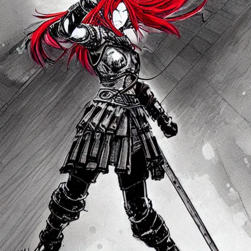 Image similar to female warrior, red hair, black armor, by takehiko inoue, ultra detailled, medieval, manga