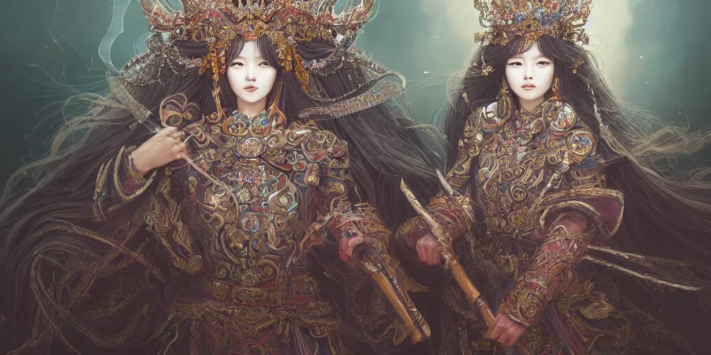 Image similar to an concept art of the korean queen surrounded by magic guards, long hair, makeup, intricate details, detailed face, detailed dress, one face, artstation, epic pose, colourful light, by kentaro miura and vasnetsov