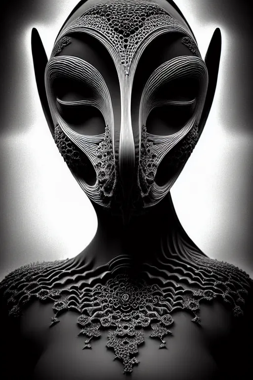 Image similar to portrait of a young beautiful woman with a mask. contemporary photograph, speed painting, fractal, mandelbulb. black and white, black on black. intricate, elegant, super highly detailed, professional digital painting, concept art, smooth, sharp focus, no blur, no dof, extreme illustration, Unreal Engine 5, Photorealism, HD quality, 8k resolution, 3D, beautiful, cinematic, art