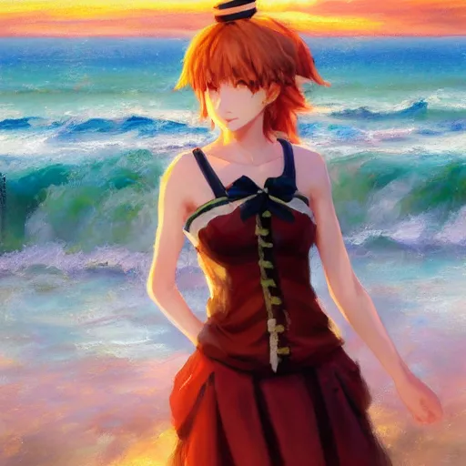 Image similar to Beautiful portrait of Kirisame Marisa from the Touhou project at the beach at sunset, touhou project official artwork, danbooru, oil painting by Antoine Blanchard, low detail, sold at an auction, oil on canvas , wide strokes, pastel colors, soft lighting, low contrast