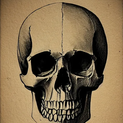 Image similar to drawing of a skull on old torn paper, dramatic lighting, ultra detail, creepy, book cover