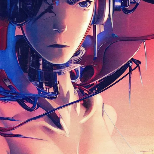 Image similar to anime cyborg | | very anime, realistic shaded robotic parts, fine details. anime. realistic shaded lighting poster by syd mead katsuhiro otomo ghost - in - the - shell, magali villeneuve, artgerm, jeremy lipkin and michael garmash, rob rey and kentaro miura style, trending on art station