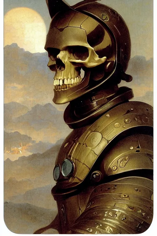 Prompt: portrait of a skull man astronaut with chinese dragon armor and helmet, majestic, solemn, by bouguereau