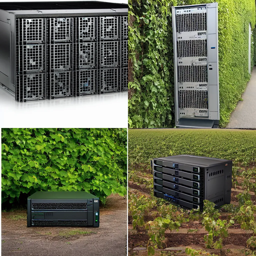 Prompt: HPE ProLiant DL380 server, vintage, outside on the ground, tiny mice living inside, vines overflowing, rusty