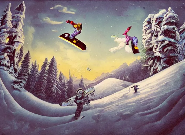 Prompt: snowboarding into another dimension, lowbrow, matte painting, 3 - d highly detailed, in the style of mark ryden,