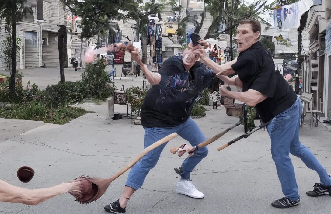 Prompt: jerma hitting a grandma with an aluminum baseball bat on the sidewalk